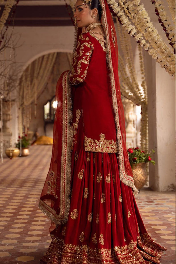 Latest Pakistani Bridal Dress in Red Gharara and Kameez Style