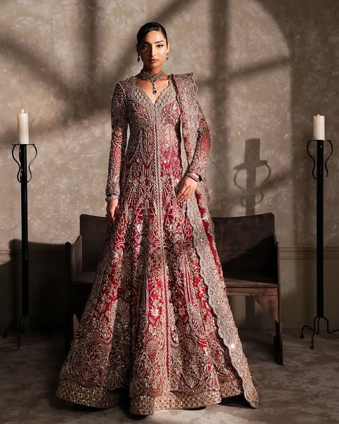 Latest Pakistani Bridal Dress in Red Gown and Lehenga Style