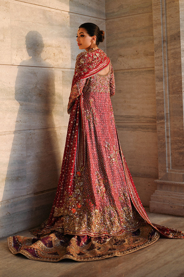 Latest Pakistani Bridal Dress in Red Lehenga Pishwas Style