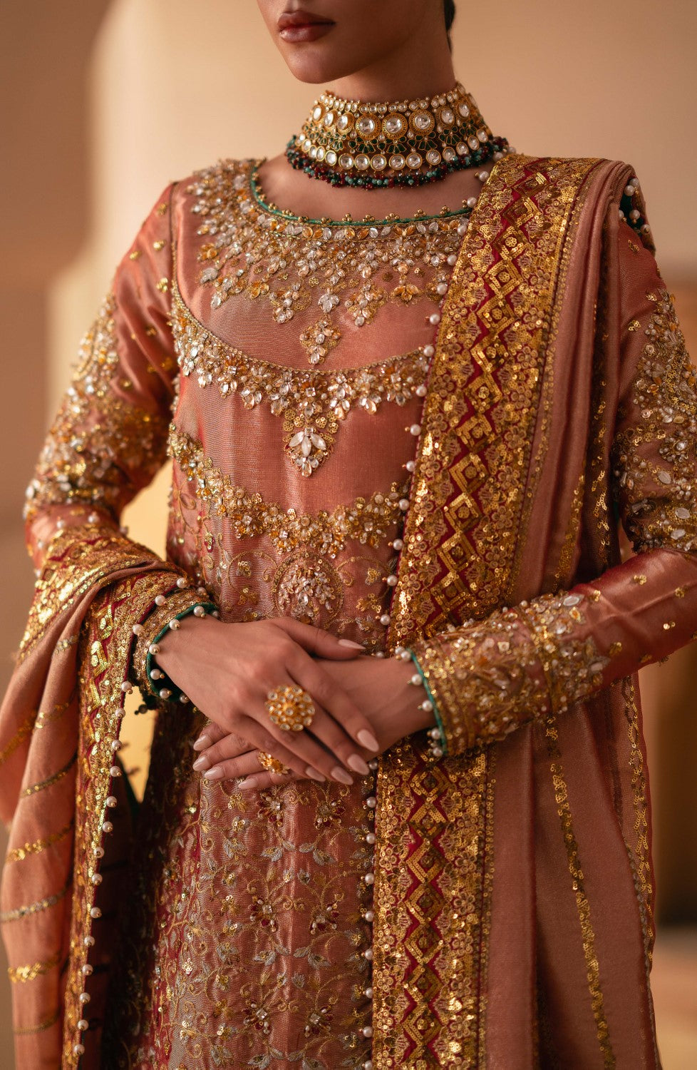 Latest Pakistani Bridal Dress in Tissue Kameez Lehenga Style