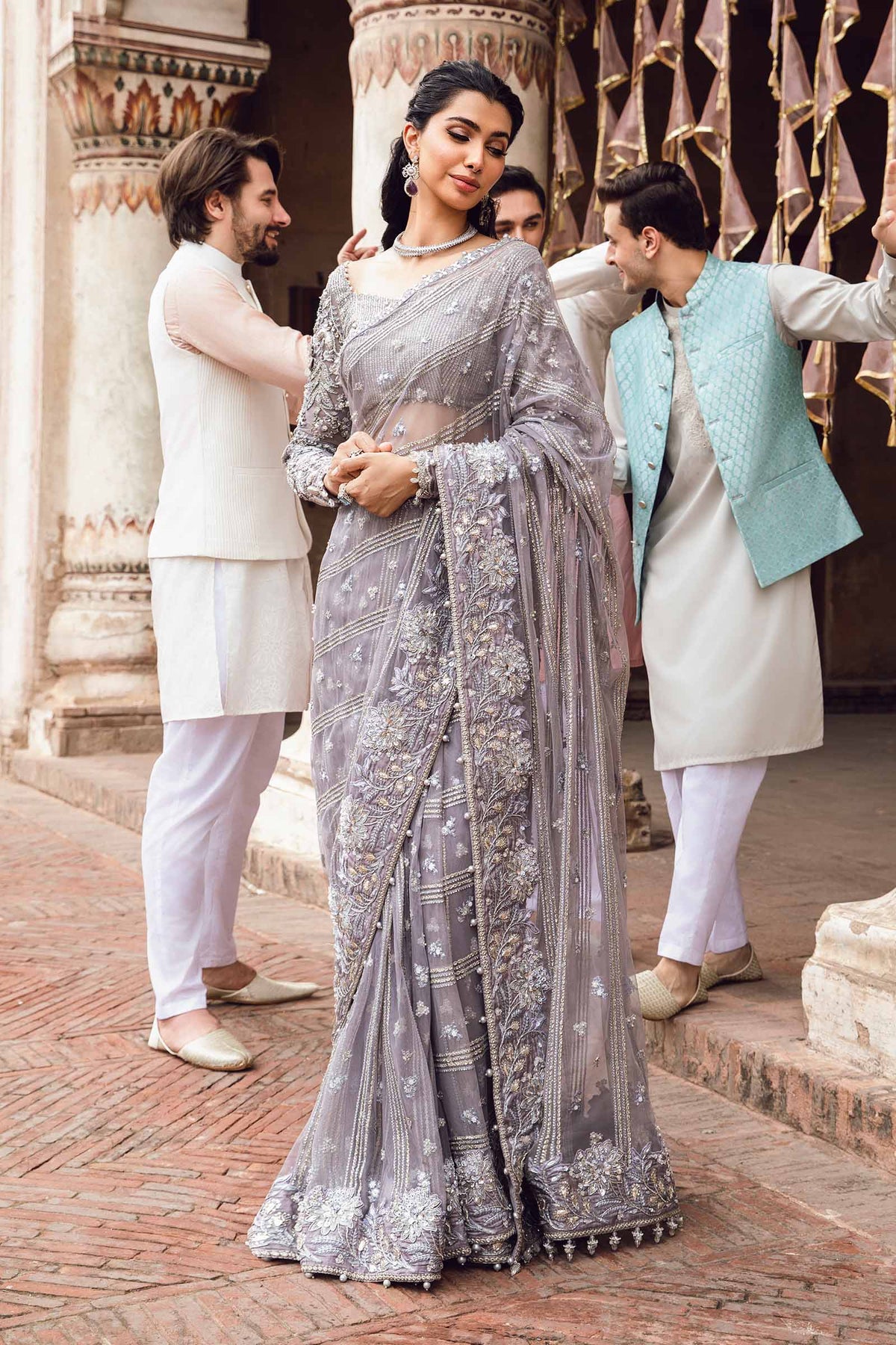 Pakistani Bridal Dress in Wedding Saree Style in Net – Nameera by Farooq