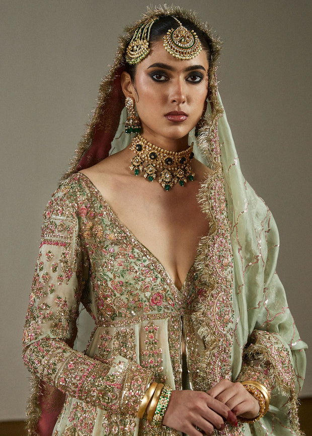 Latest Pakistani Bridal Green Pishwas Lehenga Dupatta Dress