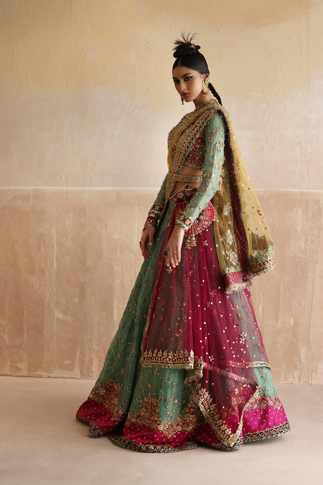 Elegant Pakistani Bridal Mehndi Choli Lehenga Dress