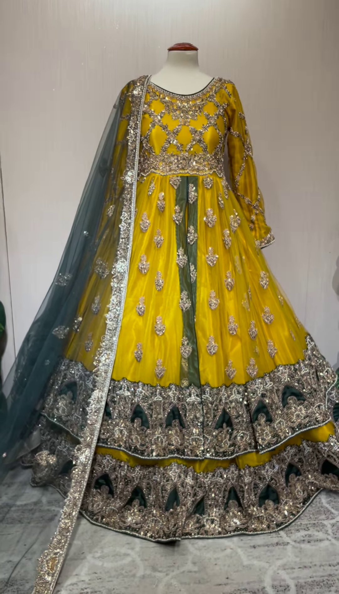 Pakistani Bridal Mehndi Dress in Frock Lehenga Style – Nameera by Farooq