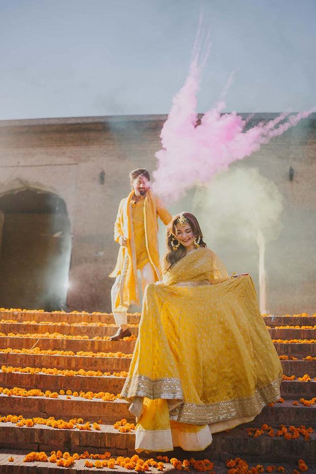 Latest Pakistani Bridal Mehndi Dress in Yellow Pishwas Style