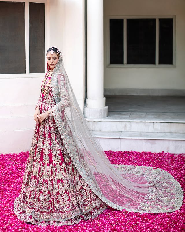 Latest Pakistani Bridal Outfit in Magenta Lehenga Gown Style
