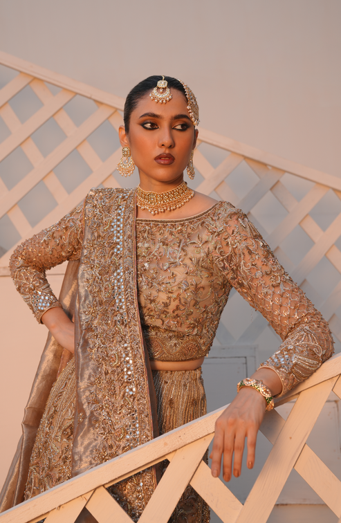 Latest Pakistani Bridal Outfit in Net Choli and Lehenga Style
