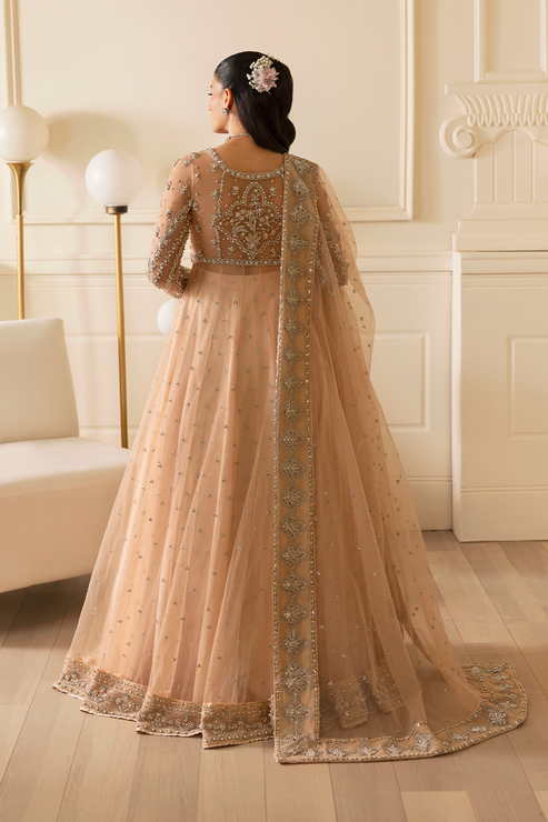Latest Pakistani Bridal Outfit in Peach Pishwas Lehenga Style