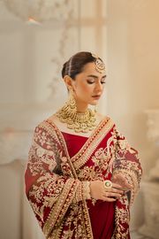 Latest Pakistani Bridal Outfit in Red Lehenga Saree Style