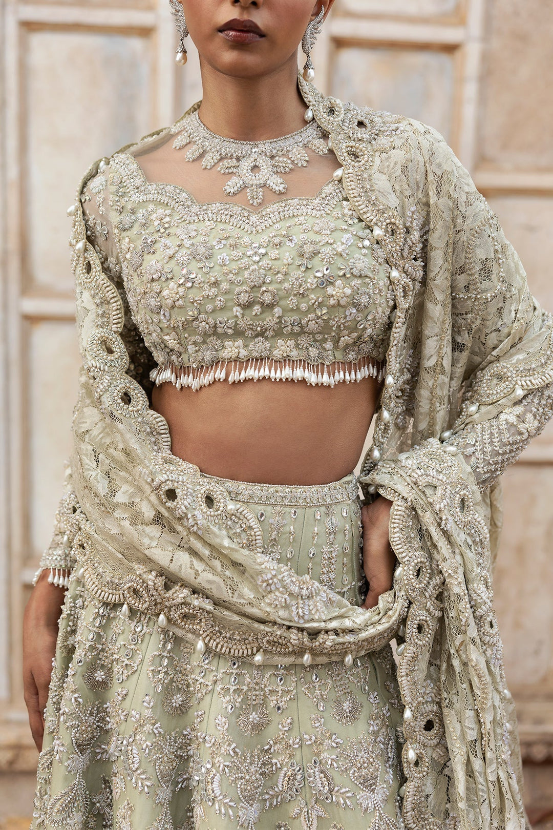 Elegant Pistachio Green Pakistani Bridal Lehenga