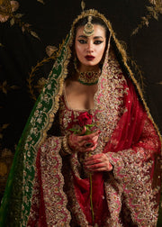 Latest Pakistani Bridal Red Pishwas Lehenga and Dupatta Dress