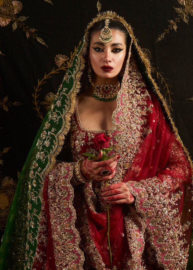Latest Pakistani Bridal Red Pishwas Lehenga and Dupatta Dress