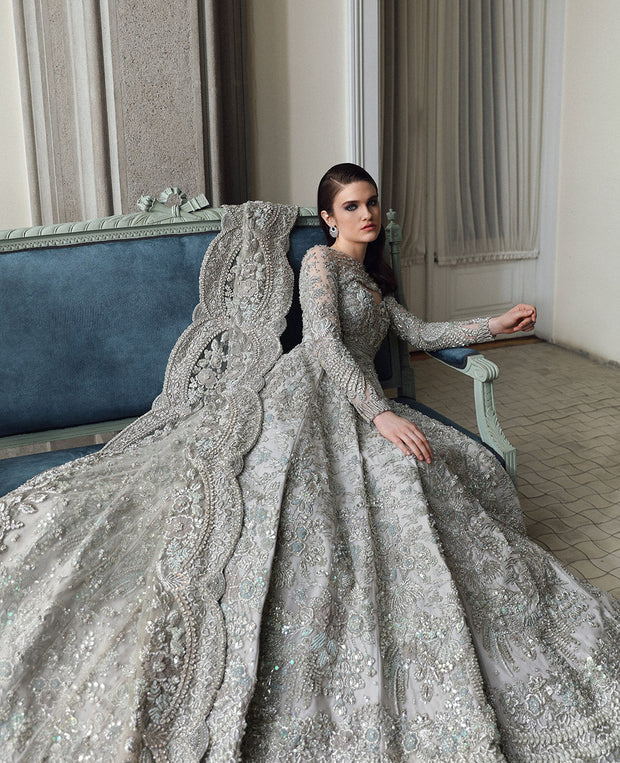 Bridal Gown Walima Dress In Grey Colour Silver Grey Lehenga Gown For Pakistani Bridal Wear Nameera Bridal Gown Walima Dress In Grey Colour Silver Grey Lehenga Gown For Pakistani Bridal Wear Nameera