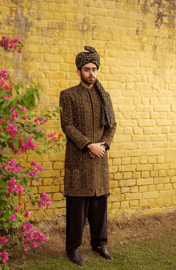 Latest Pakistani Groom Dress in Black Silk Sherwani Style
