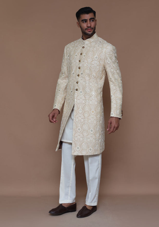 Latest Pakistani Groom Dress in Cotton Net Sherwani Style