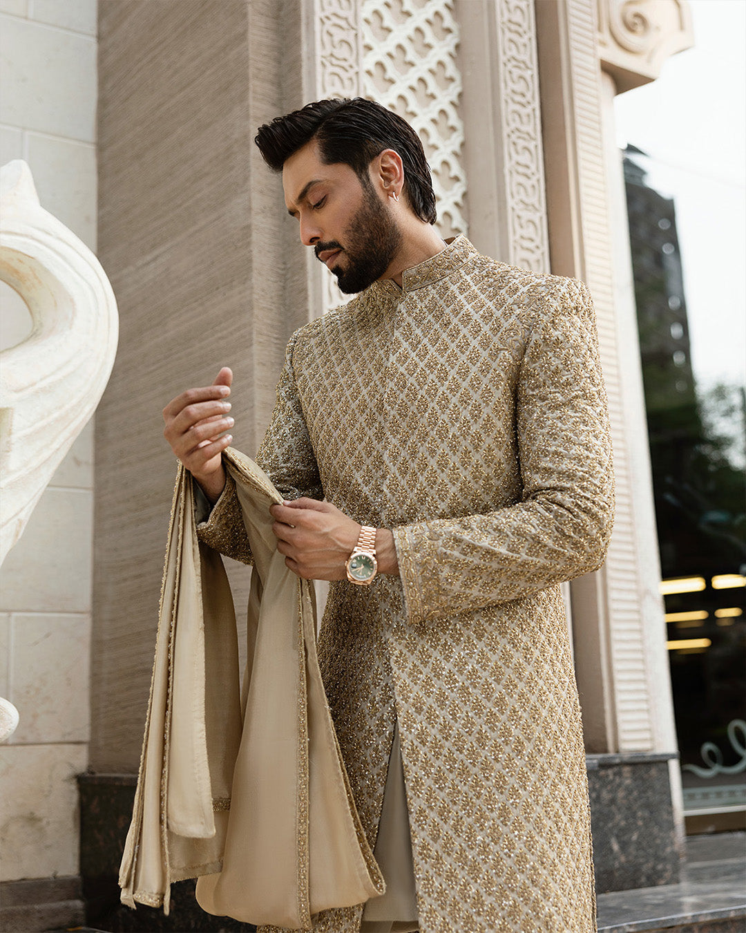 Pakistani Groom Dress in Gold Karandi Sherwani Style – Nameera by Farooq