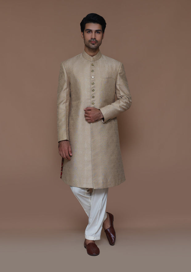 Latest Pakistani Groom Dress in Karandi Jamawar Sherwani Style