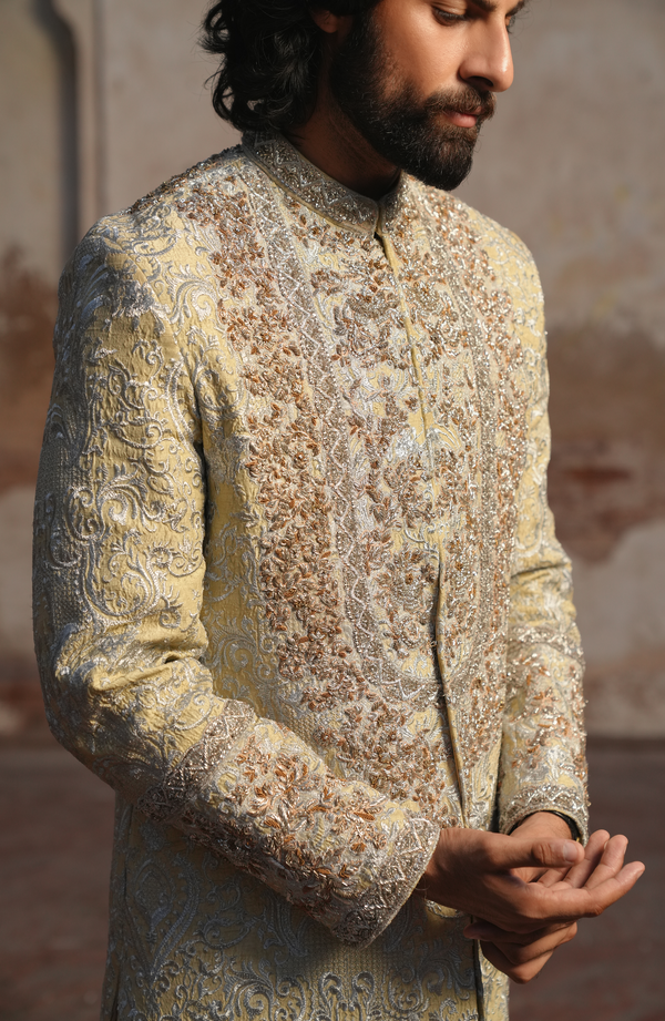 Latest Pakistani Groom Dress in Light Beige Sherwani Style