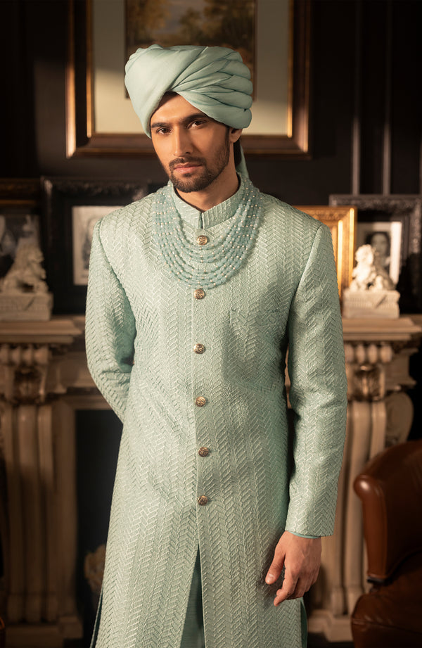 Latest Pakistani Groom Dress in Mint Blue Silk Sherwani Style