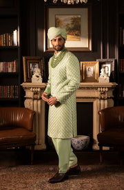 Latest Pakistani Groom Dress in Mint Green Sherwani Style