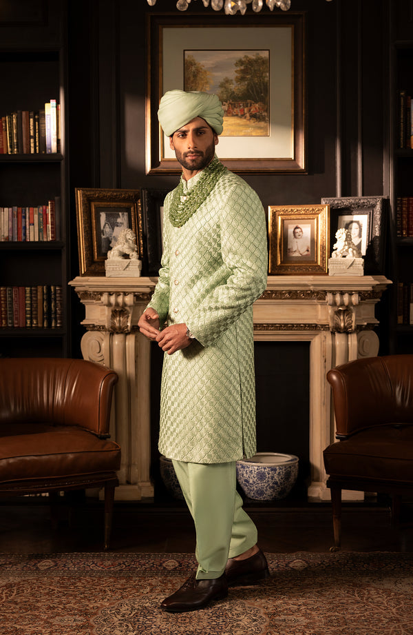 Latest Pakistani Groom Dress in Mint Green Sherwani Style
