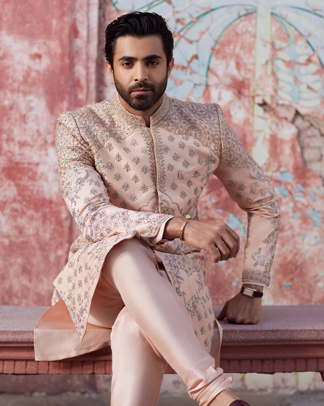 Latest Pakistani Groom Dress in Peach Raw Silk Sherwani Style
