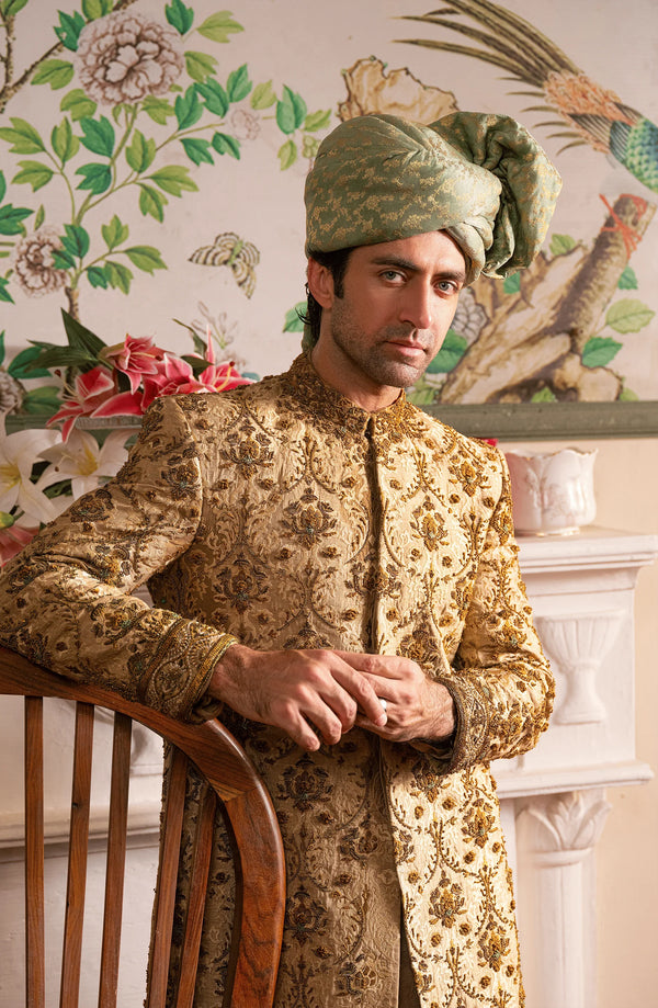 Latest Pakistani Groom Dress in Royal Beige Sherwani Style
