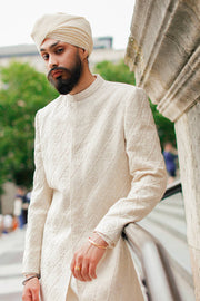 Latest Pakistani Groom Dress in White Karandi Sherwani Style