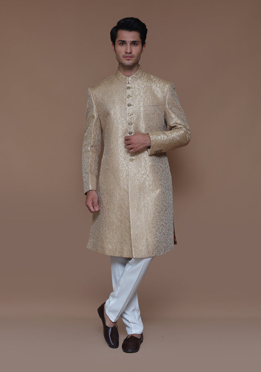 Latest Pakistani Groom Dress in Zari Jamawar Sherwani Style