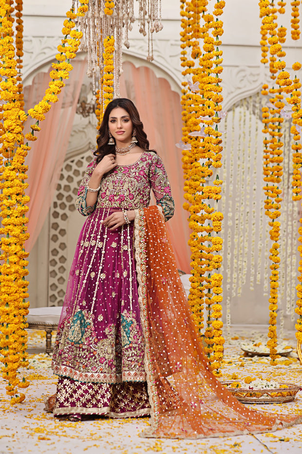Latest Pakistani Mehndi Dress in Magenta Pishwas Lehenga Style