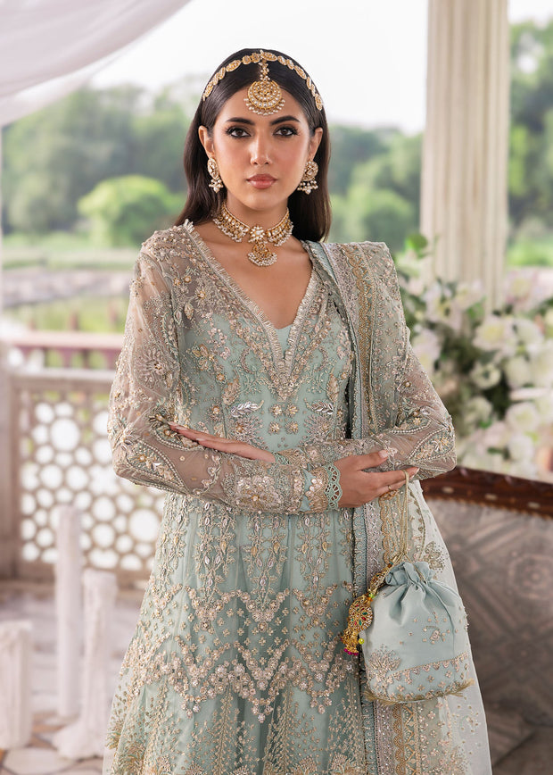 Latest Pakistani Wedding Dress in Blue Net Gown Dupatta Style