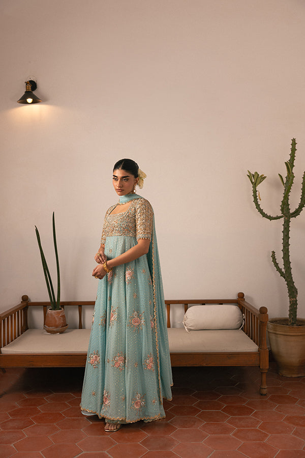 Latest Pakistani Wedding Dress in Blue Pishwas Frock Style