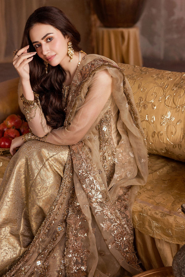 Latest Pakistani Wedding Dress in Gold Open Gown Lehenga Style