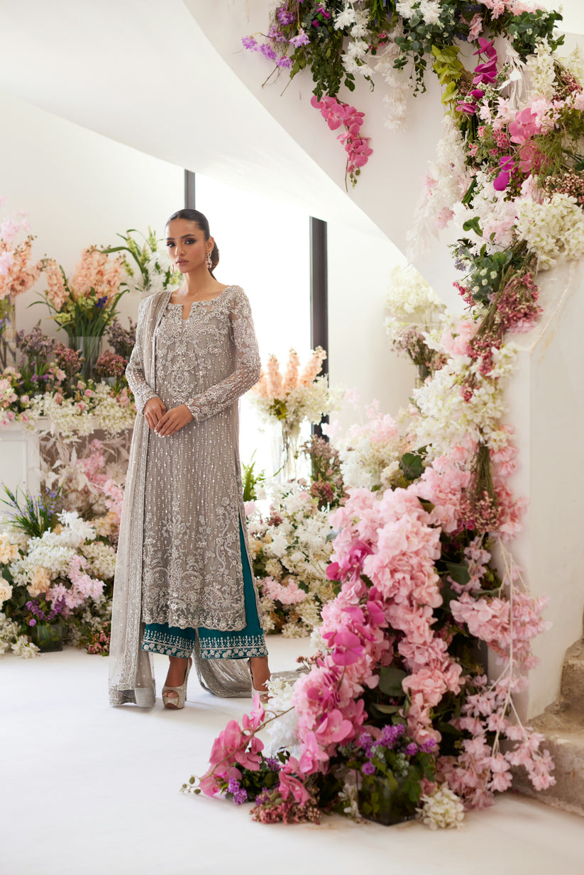 Latest Pakistani Wedding Dress in Grey Kameez Trouser Style