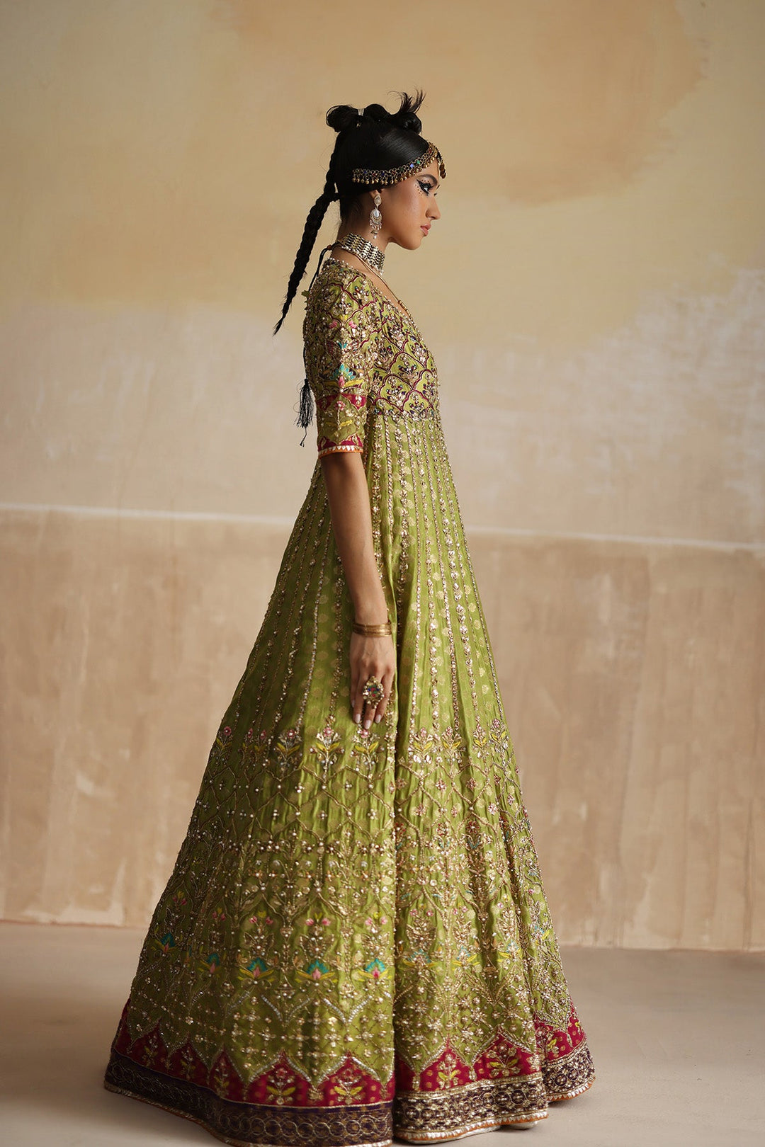 Latest Pakistani Wedding Dress in Lime Green Pishwas Style