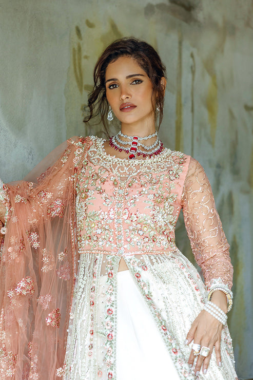 Latest Pakistani Wedding Dress in Net Pishwas Lehenga Style