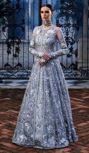 Latest Pakistani Wedding Dress in Silver Lehenga Gown Style