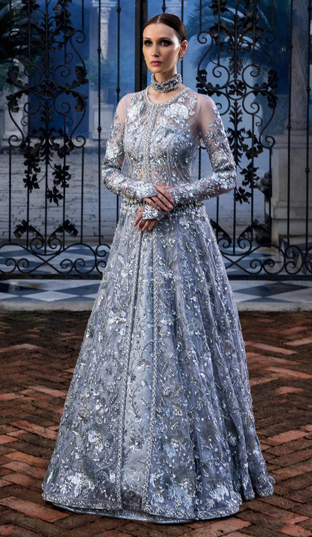 Pakistani Wedding Dress in Silver Lehenga Gown Style Nameera by Farooq