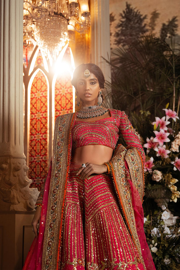 Latest Pink Pakistani Bridal Dress in Choli Lehenga Style
