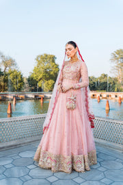 Latest Pink Pakistani Bridal Dress in Frock and Lehenga Style