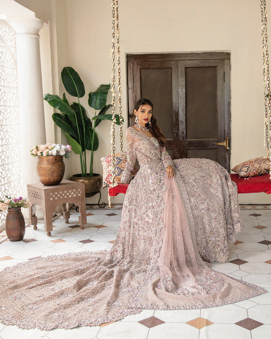 Premium Pink Pakistani Bridal Dress with Long Tail Style