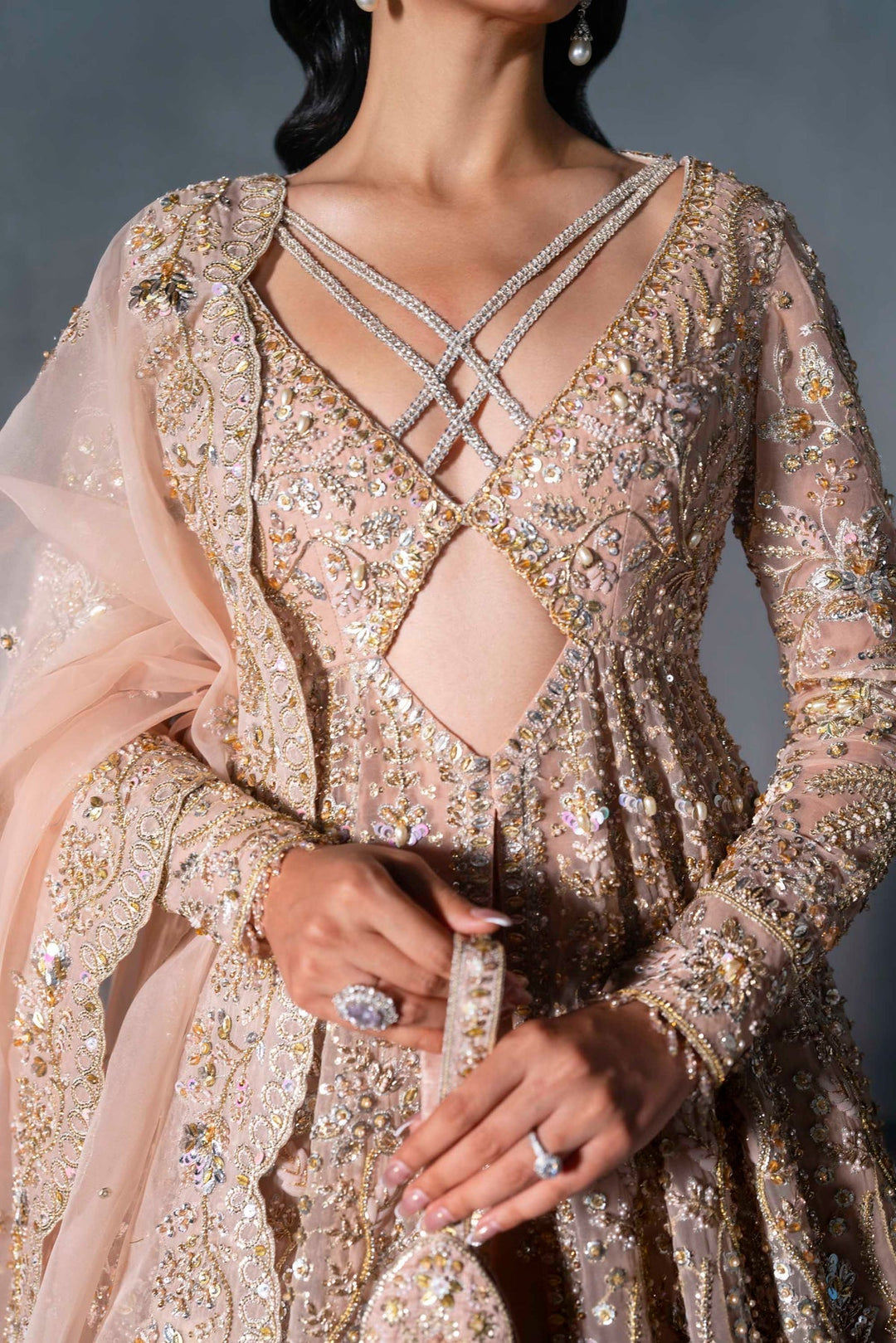 Stunning Pink Pakistani Bridal Dress in Gown Lehenga Style