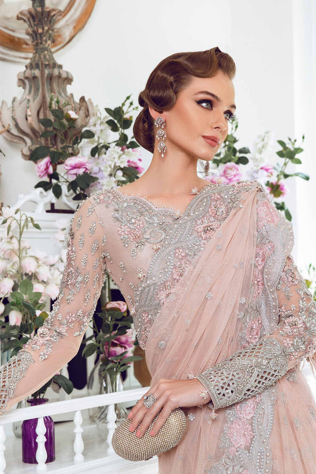 Latest Royal Pink Pakistani Wedding Dress in Net Saree Style