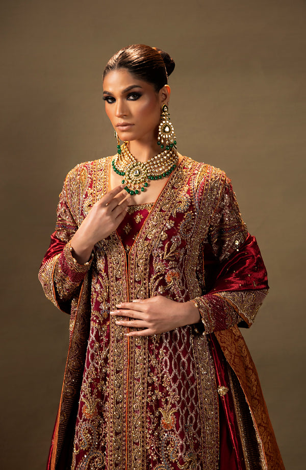 Latest Red Pakistani Bridal Dress in Shirt and Sharara Style