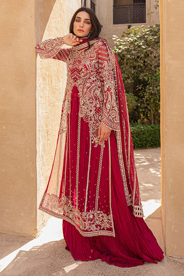 Latest Red Pakistani Handwork Kameez and Crushed Trouser Dupatta