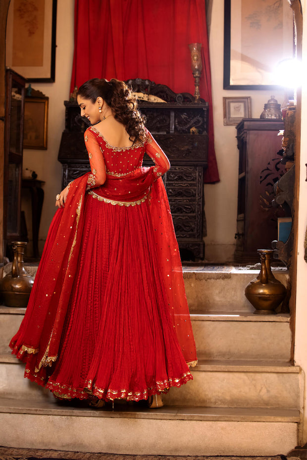 Latest Red Pakistani Wedding Dress In Crushed Pishwas Frock Style