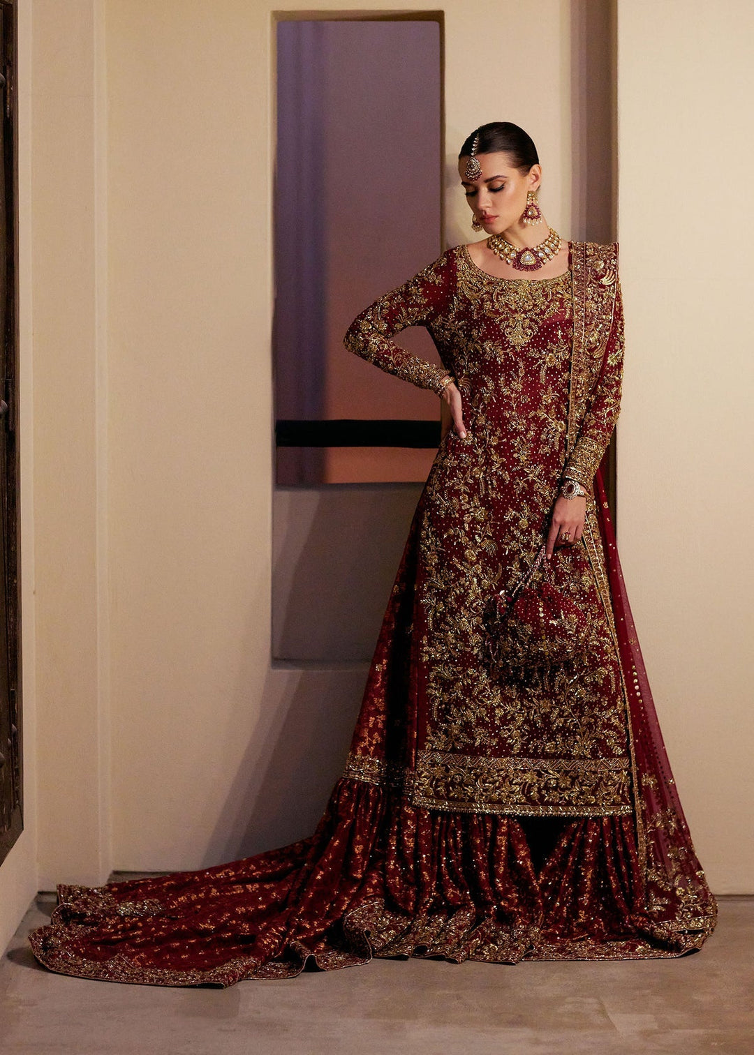 Elegant Red Pakistani Bridal Gharara Dress for Wedding