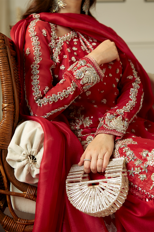 Latest Red Pakistani Wedding Dress in Kameez Trouser Style