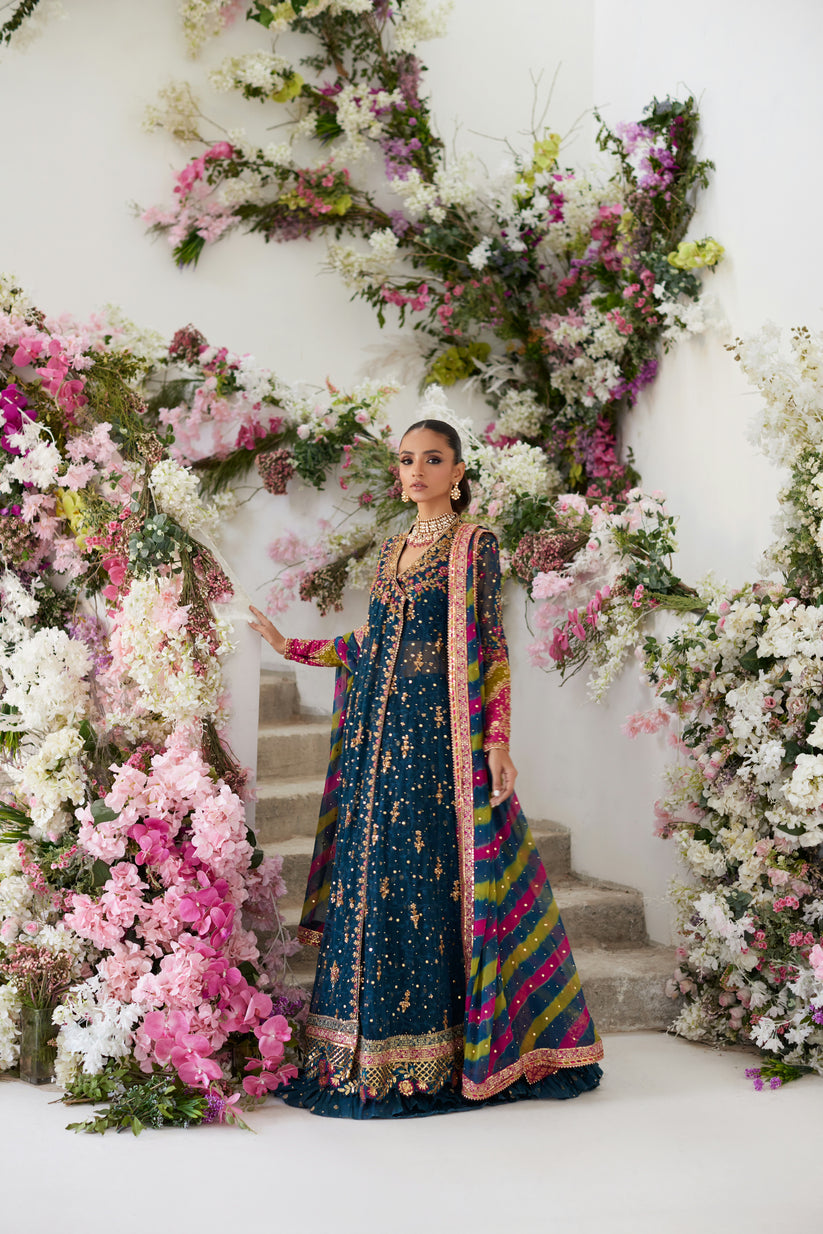 Wahaj M.Khan | Nureh Wedding Formals | Ferozi and Teal BlockPrint Angarkha