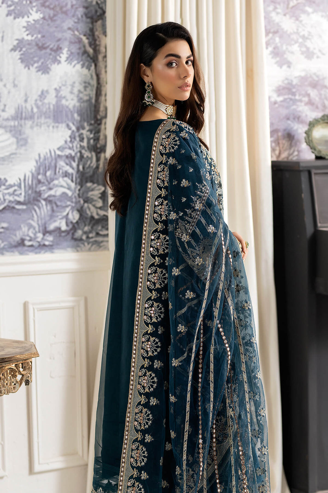 Latest Teal Blue Embroidered Kameez Trouser Pakistani Party Dress